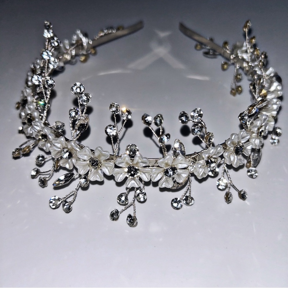 Prom Bridal Silver Rhinestone Floral Head Band